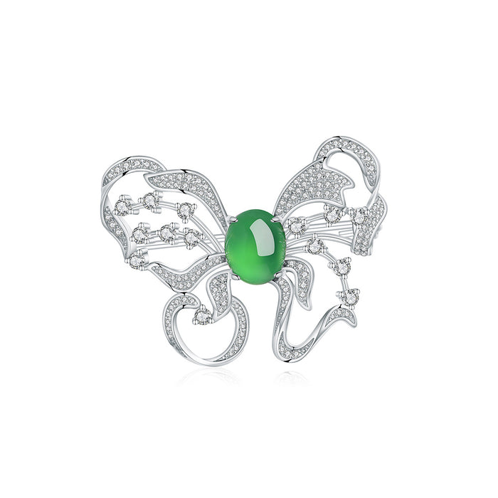 Sterling Silver Butterfly Brooch with Green Chrysoprase Cabochon