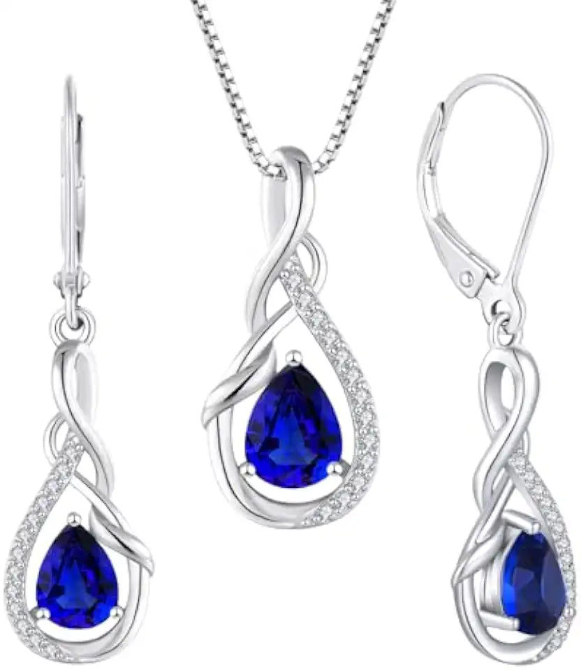 Sterling Silver Teardrop Created Sapphire Drop Infinity Jewelry Set
