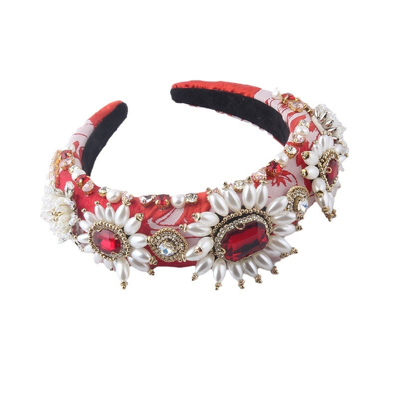 Baroque Padded Headband with Rhinestones and Faux Pearls, Four Designs — shown in use