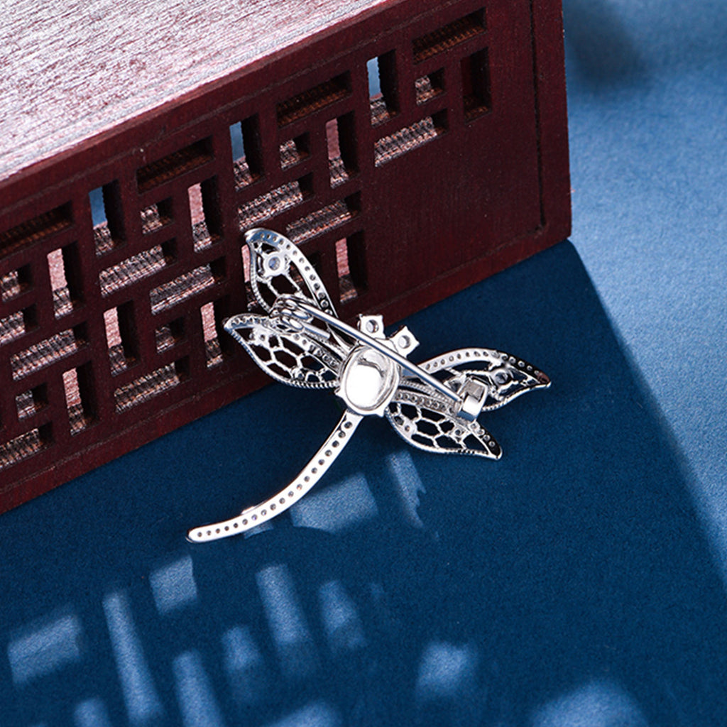 Sterling Silver Dragonfly Brooch With 8 x 6 mm Green Chrysoprase Cabochon, Platinum-Plated — full product view