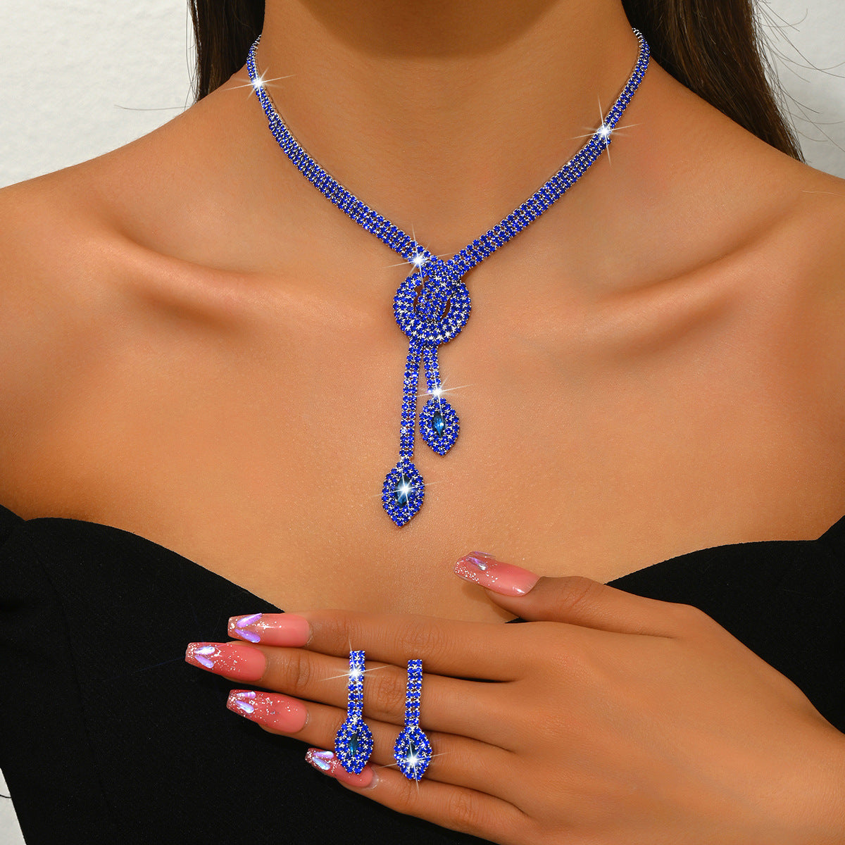 Geometric Teardrop Zircon Necklace and Earrings Set, Gold Silver Rose Gold or Royal Blue — front view