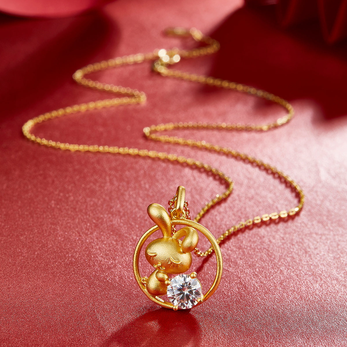 Sterling Silver Chinese Zodiac Rabbit Necklace With 1 ct Moissanite, D Color VVS1 — shown in use