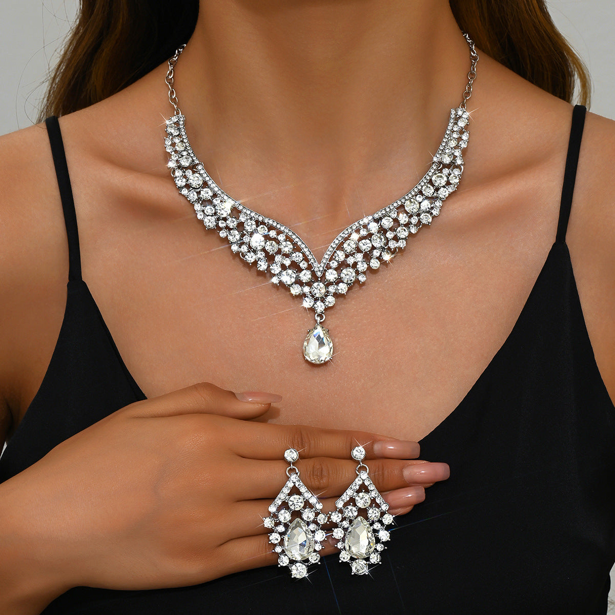 Stone-Set Flower Necklace and Earrings Bridal Set – Statement Wedding Jewelry
