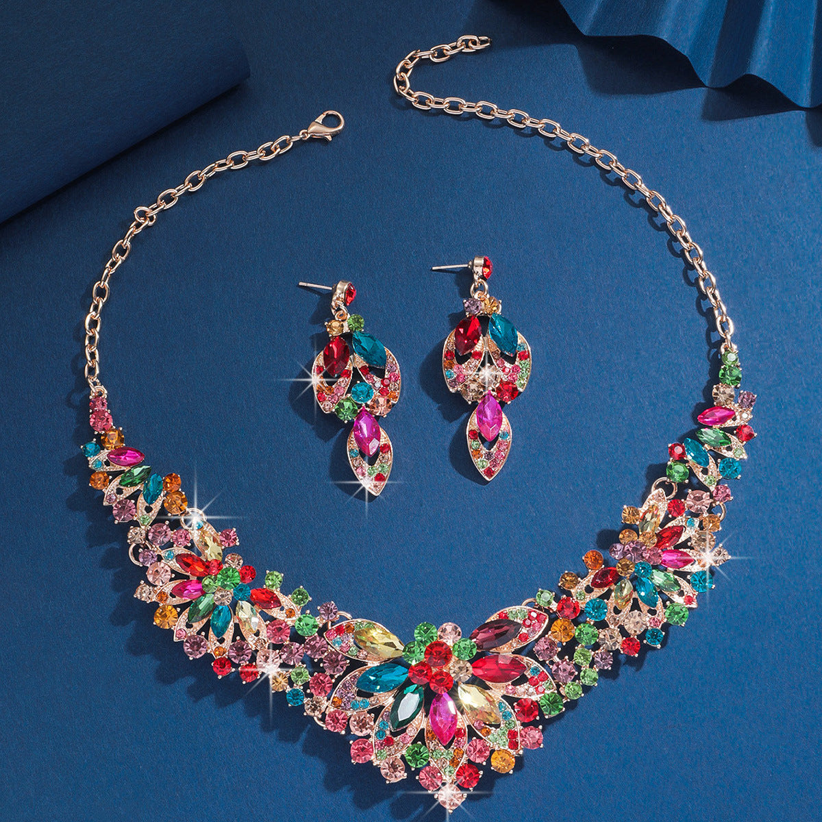 Bridal Necklace and Earrings Set in Eleven Stone Colors — Rhinestone Wedding Jewelry for Women
