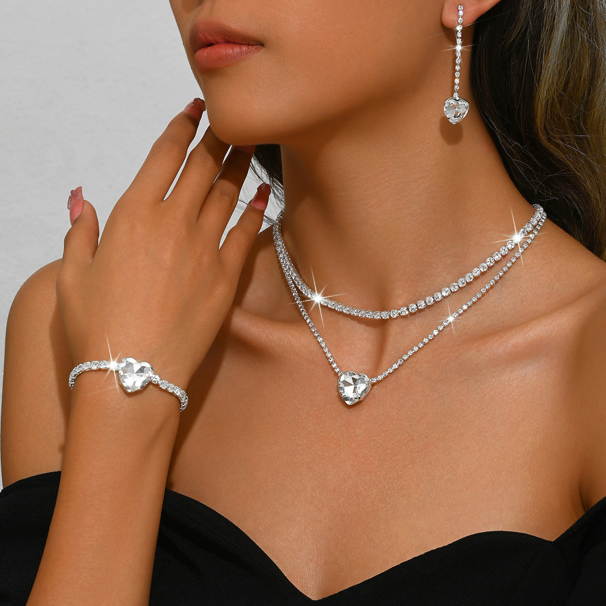 Heart Rhinestone 3-Piece Jewelry Set for Women – Double-Layer Claw Chain