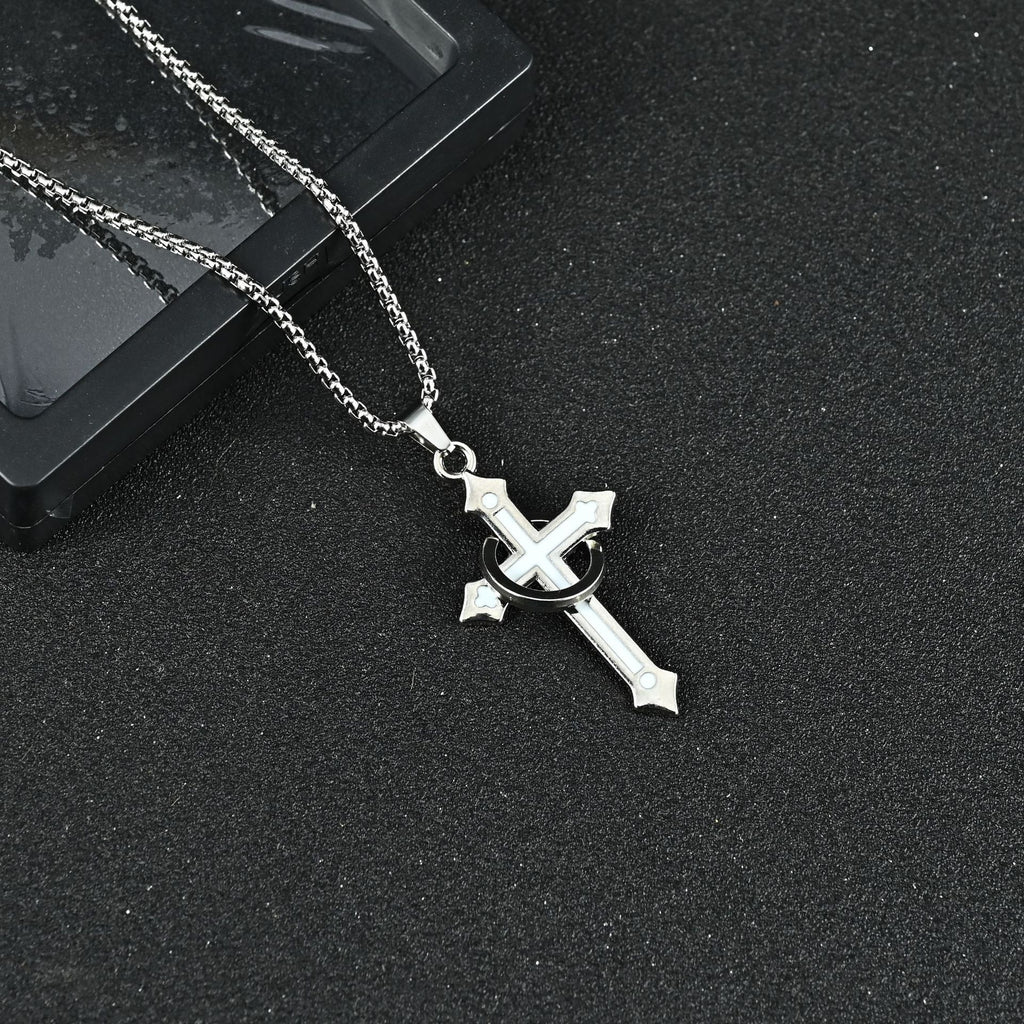 Titanium Steel Cross Necklace for Men, Pendant with Ring Detail — detail close-up