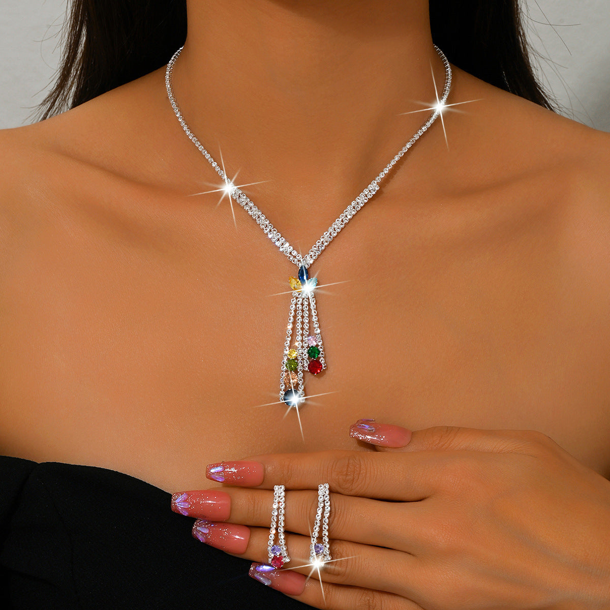 Geometric Teardrop Zircon Necklace and Earrings Set for Women