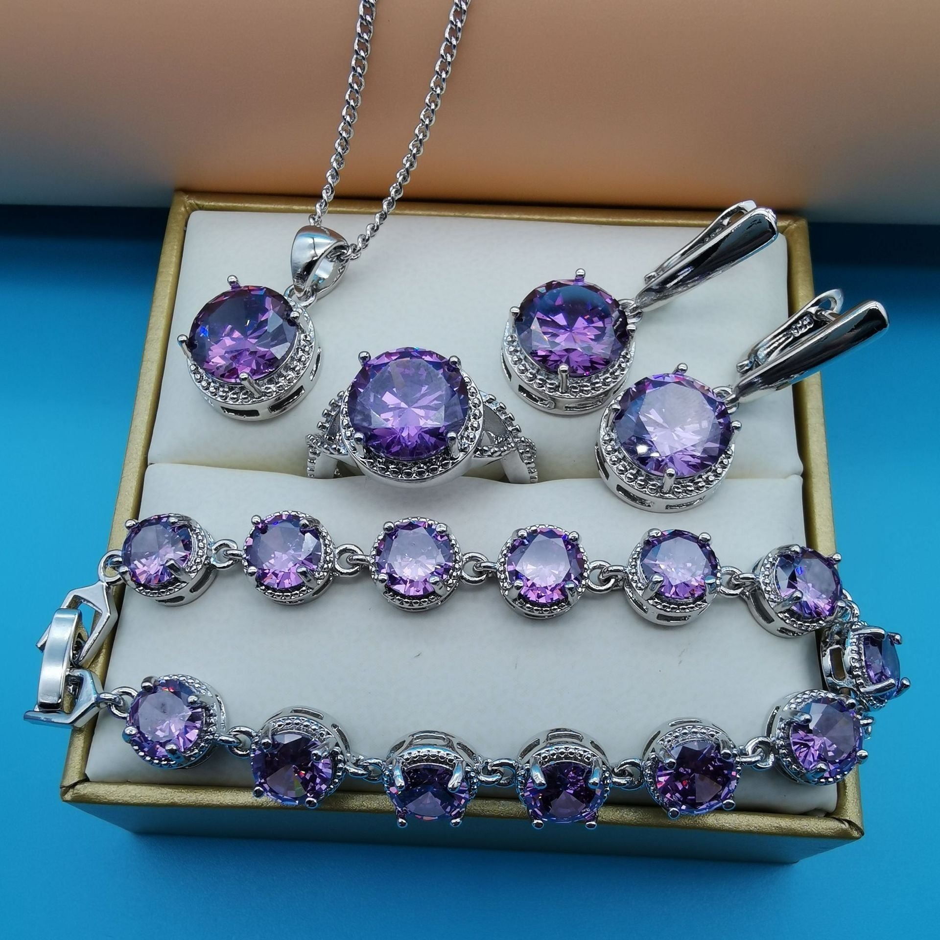 Round-Stone 4-Piece Jewelry Set for Weddings and Parties