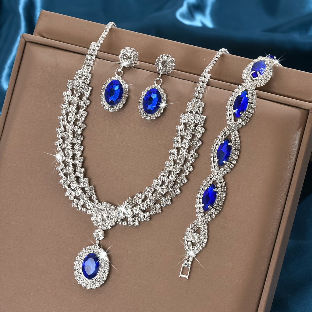Colored Stone Necklace Jewelry Set for Women, 4-Piece Set in Black — front view