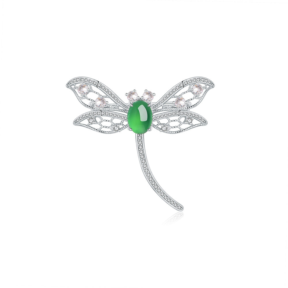 Sterling Silver Dragonfly Brooch With 8 x 6 mm Green Chrysoprase Cabochon, Platinum-Plated — front view