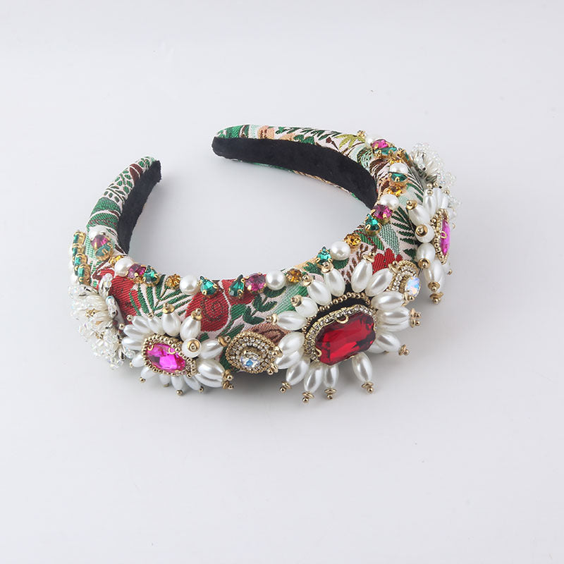 Baroque Padded Headband with Rhinestones and Faux Pearls, Four Designs — scale reference