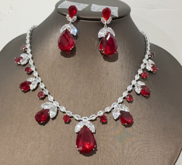 Cubic Zirconia Leaf Bridal Set in Ten Styles — Teardrop Necklace and Drop Earrings, Silver or Gold Tone