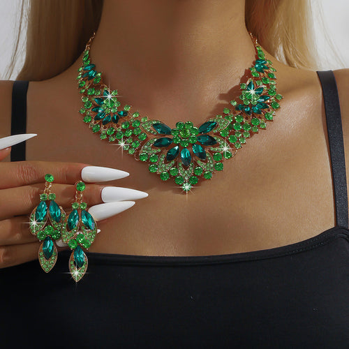 Bridal Necklace and Earrings Set, Silver Red Green or Blue Stones — detail close-up