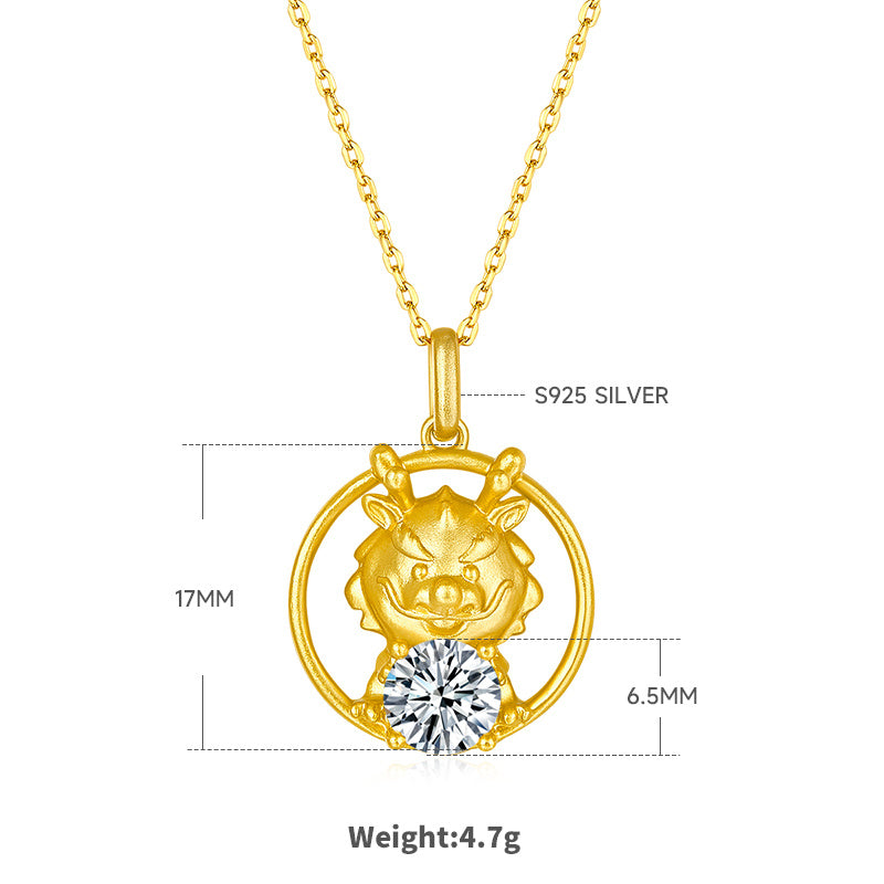Sterling Silver Chinese Zodiac Dragon Necklace With 1 ct Moissanite, D Color VVS1 — detail close-up