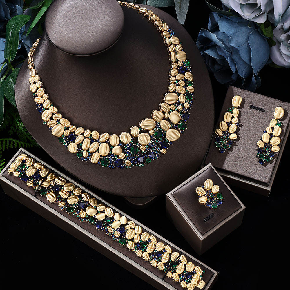 Oversized Necklace and Earrings Wedding Set in Pastel, Sapphire Blue Green or Olive Purple — front view