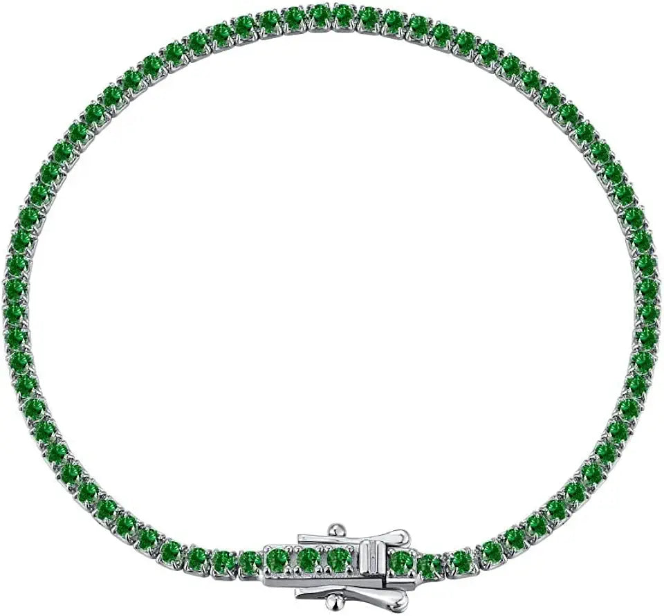 14K White Gold-Plated Sterling Silver Round Emerald Tennis Bracelet