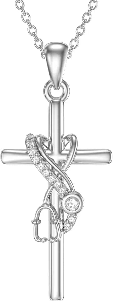 18K White Gold-Plated Sterling Silver Stethoscope Necklace