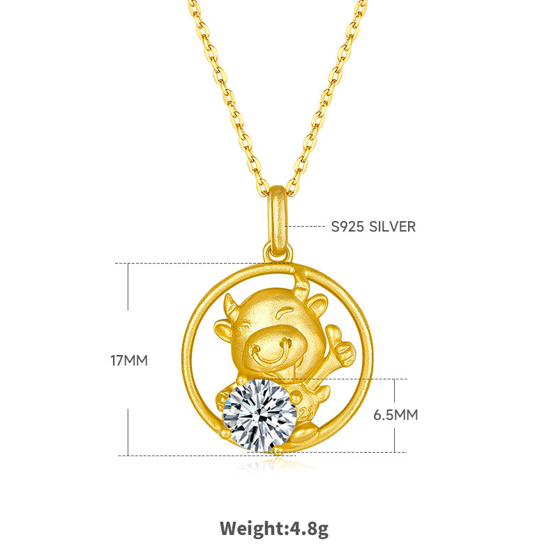 Sterling Silver Chinese Zodiac Ox Necklace With 1 ct Moissanite, D Color VVS1 — detail close-up