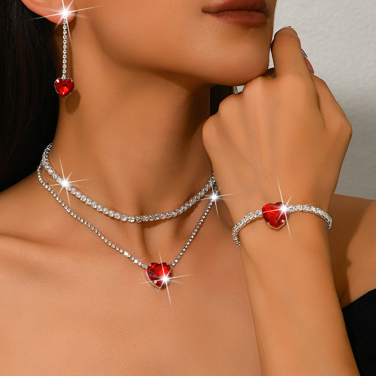 Heart Rhinestone 3-Piece Jewelry Set for Women – Double-Layer Claw Chain
