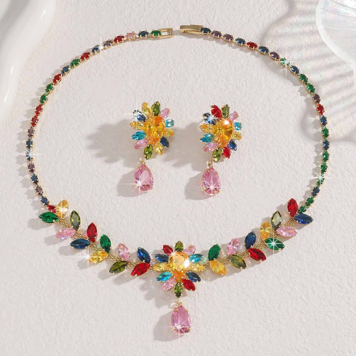 Bridal Zircon Jewelry Set, Teardrop and Leaf Rhinestone Necklace with Earrings — alternate angle