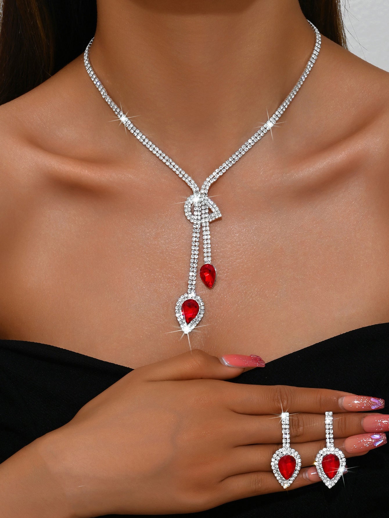 Geometric Teardrop Zircon Necklace and Earrings Set for Women