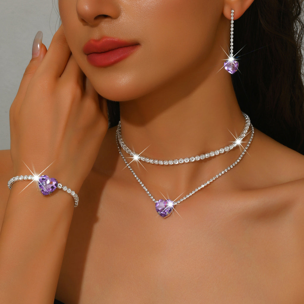 Heart Rhinestone Jewelry Set for Women, Double-Layer Claw Chain — detail close-up
