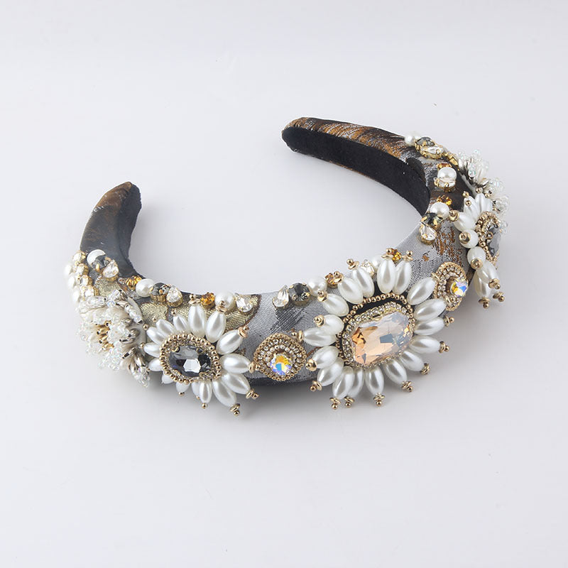 Baroque Padded Headband with Rhinestones and Faux Pearls, Four Designs — side view
