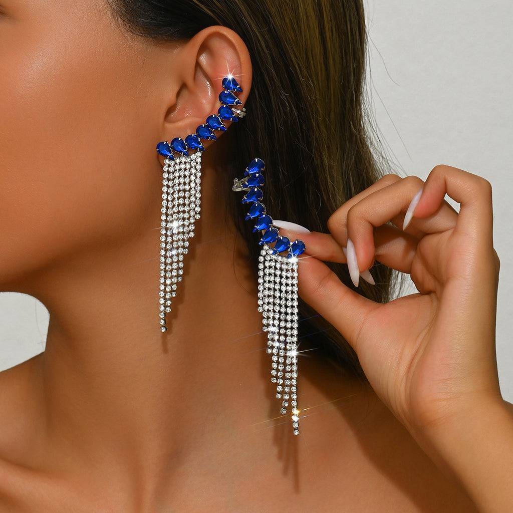 Rhinestone Tassel Drop Earrings for Women, Long Fringe Design — front view