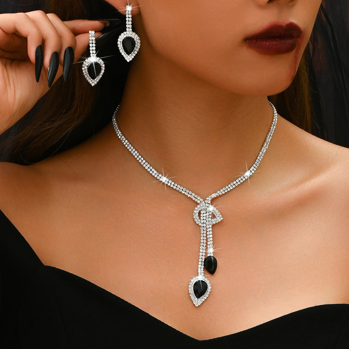 Geometric Teardrop Zircon Necklace and Earrings Set for Women
