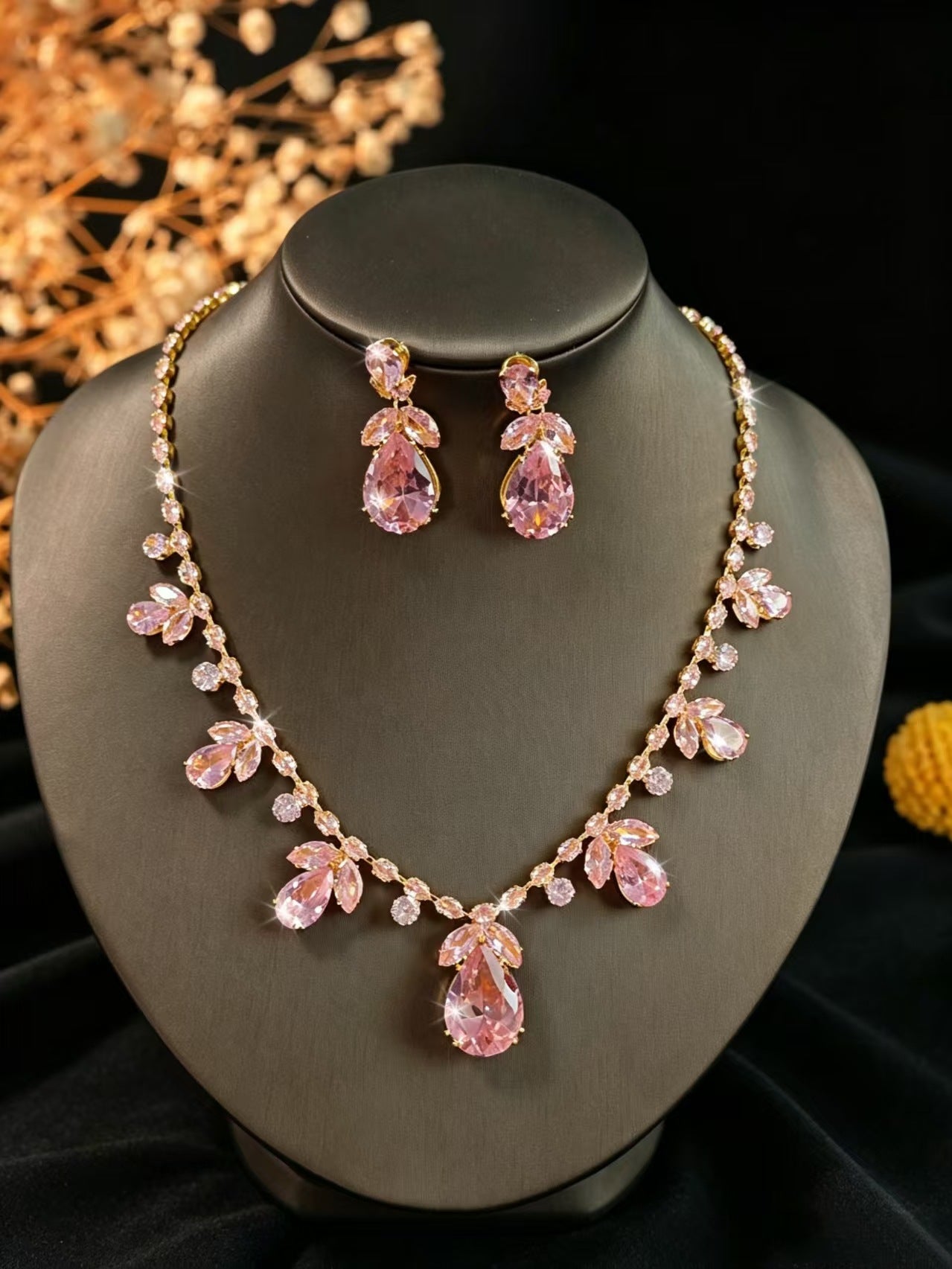 Cubic Zirconia Leaf Bridal Set in Ten Styles — Teardrop Necklace and Drop Earrings, Silver or Gold Tone