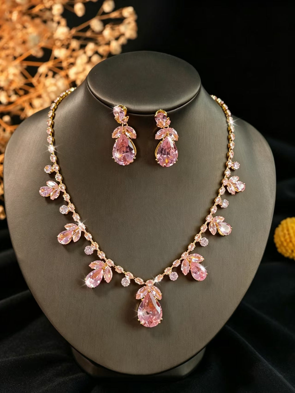Pink Cubic Zirconia Leaf Jewelry Set, Gold-Plated Teardrop Necklace and Drop Earrings — scale reference