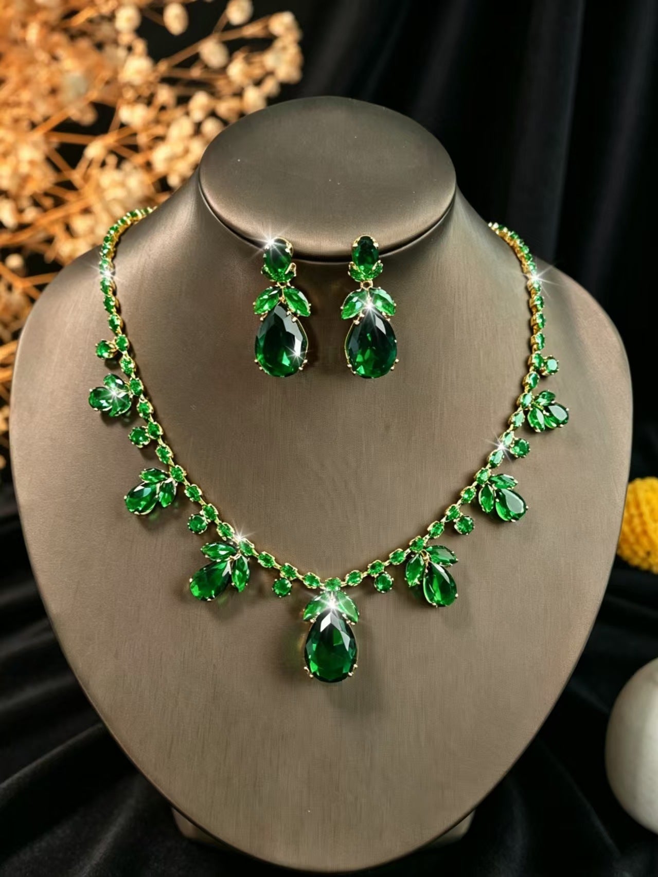 Pink Cubic Zirconia Leaf Jewelry Set, Gold-Plated Teardrop Necklace and Drop Earrings — detail close-up