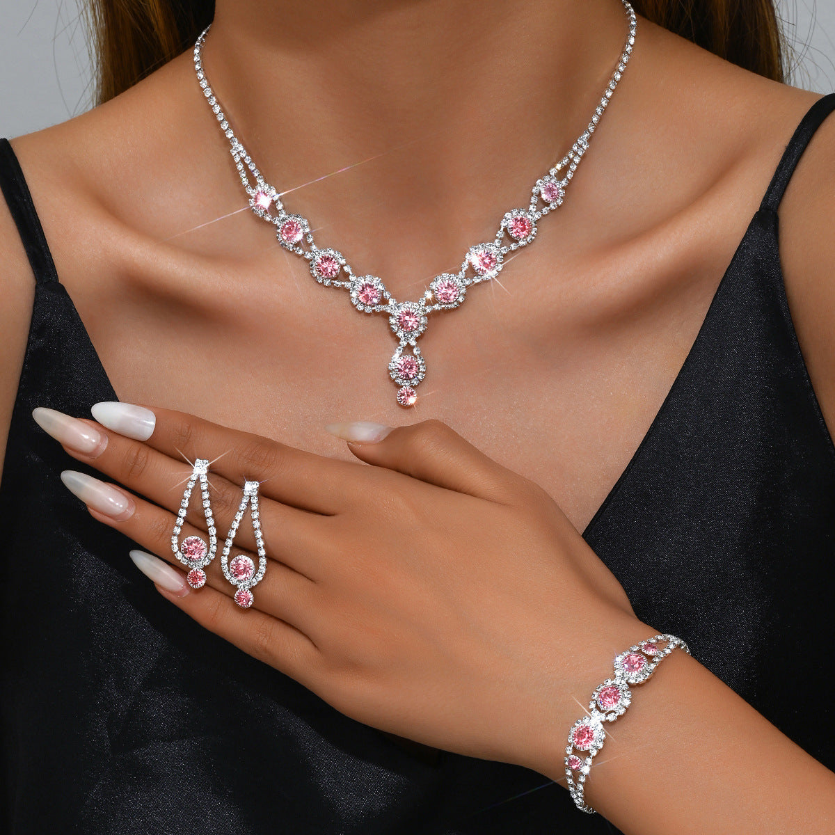 Rhinestone Geometric Jewelry Set for Women, Necklace — alternate angle