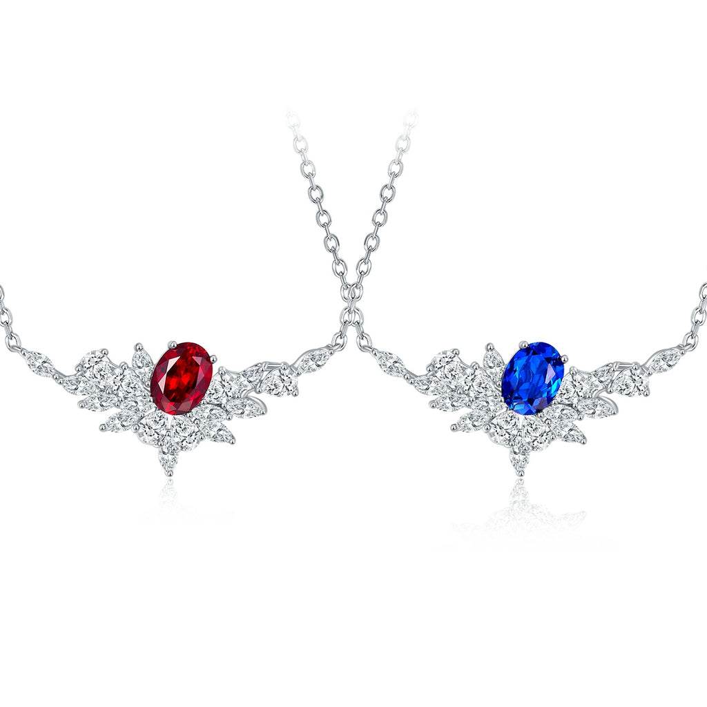Sterling Silver Lab-Grown Ruby or Sapphire Necklace, 8x6mm Oval with Marquise Cluster — front view