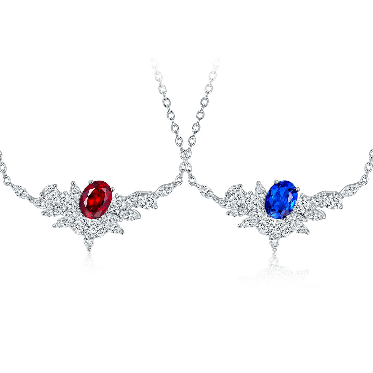 Sterling Silver Lab-Grown Ruby or Sapphire Necklace, 8x6mm Oval with Marquise Cluster — front view