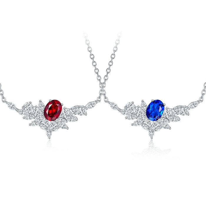 Sterling Silver Lab-Grown Ruby or Sapphire Necklace – Oval with Marquise Cluster