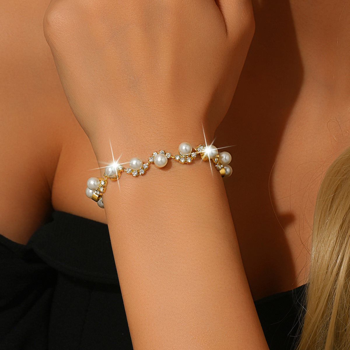 Pearl and Rhinestone Bracelet for Women in Ten Styles — Silver, Gold, Rose Gold or Gun Black Tone