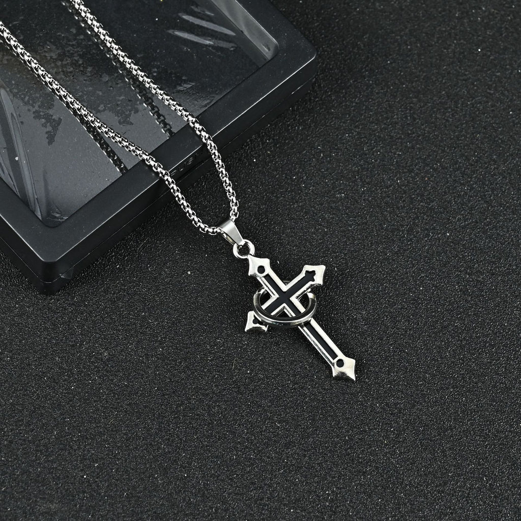 Titanium Steel Cross Necklace for Men, Pendant with Ring Detail — front view