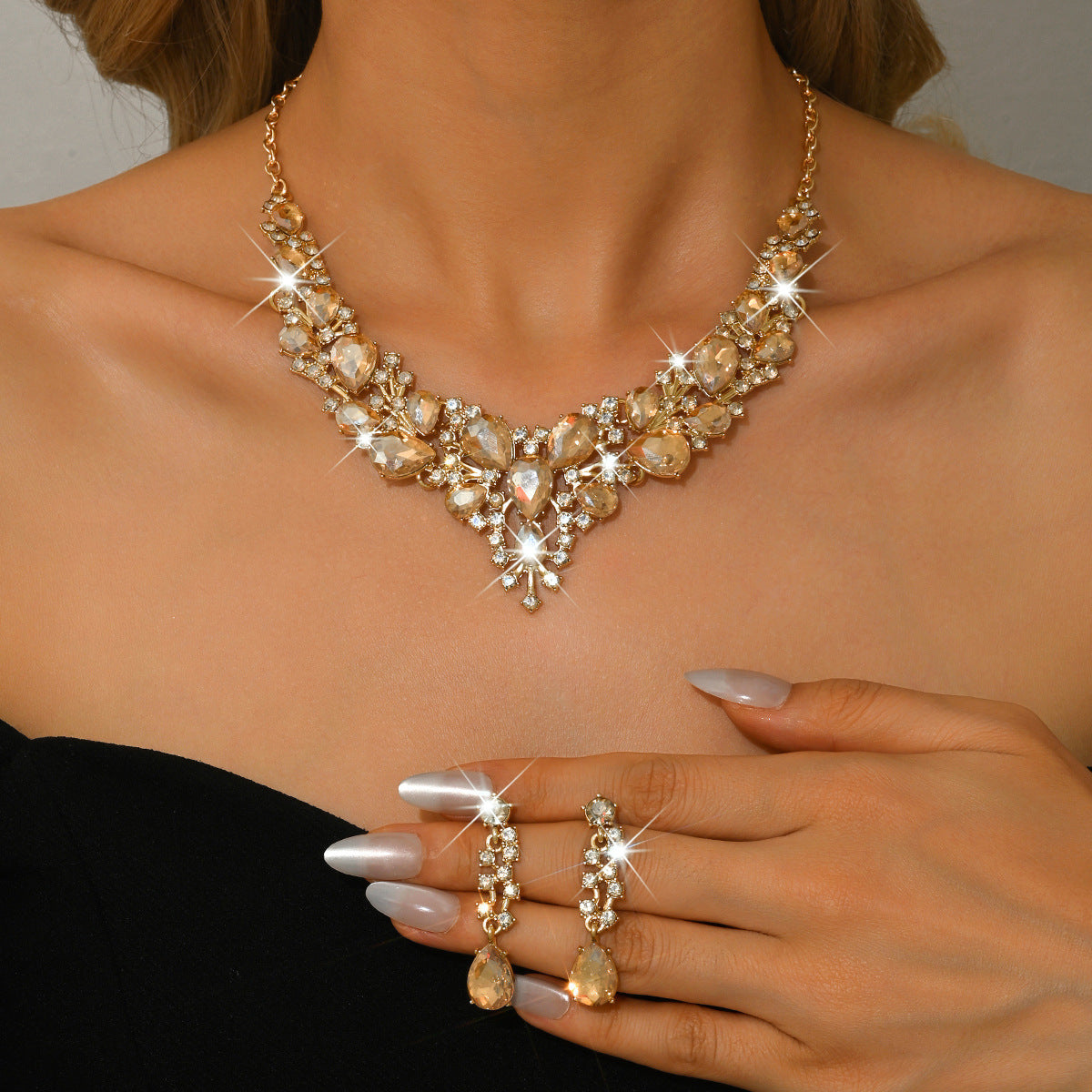 Stone-Set Flower Necklace and Earrings Bridal Set – Statement Wedding Jewelry