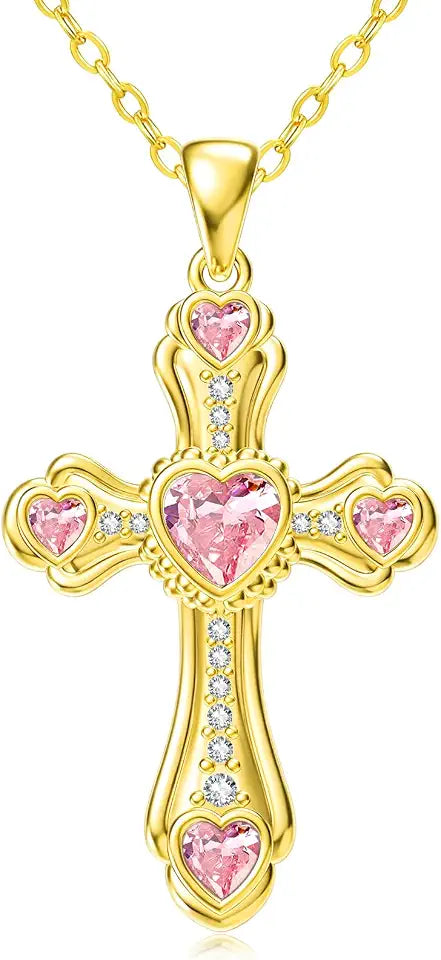 Gold-Tone Birthstone Heart Cross Necklace