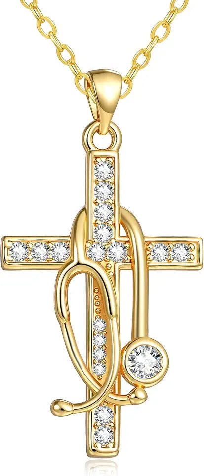 Gold-Tone Cross Stethoscope Necklace