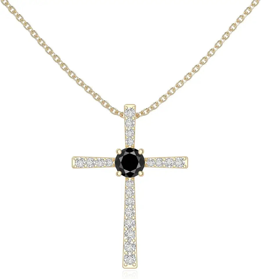 Gold-Tone Moissanite Cross Necklace with Birthstone