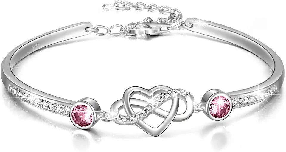 Sterling Silver Crystal Heart Infinity Bracelet with Birthstone