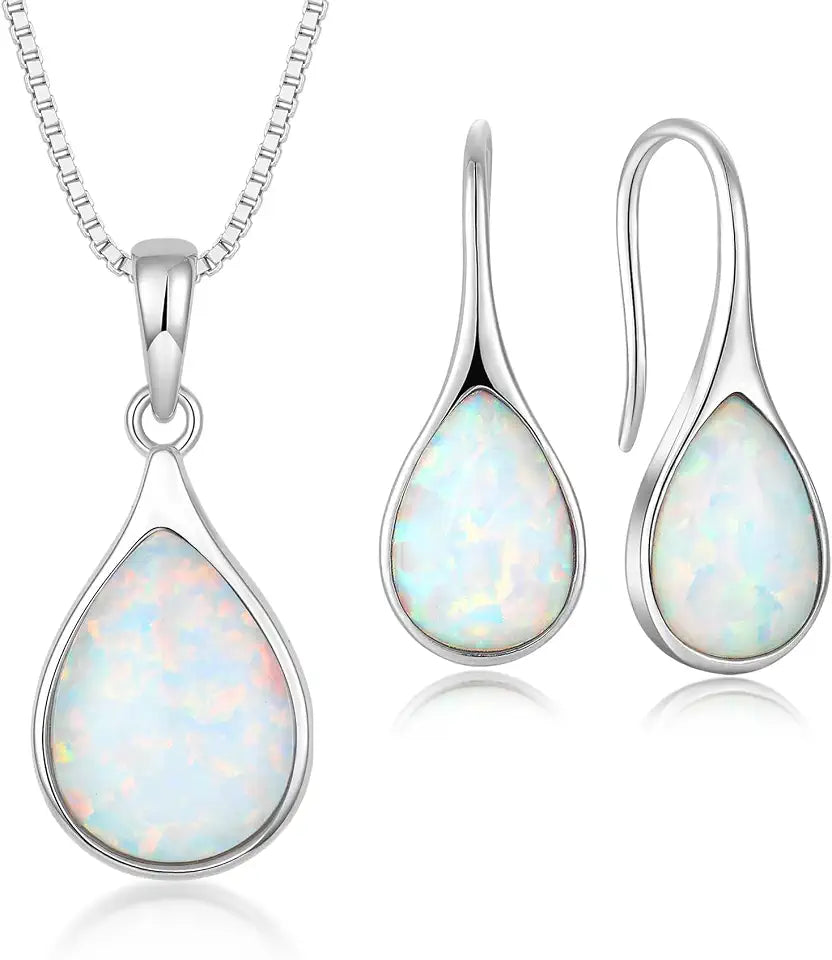 Sterling Silver Teardrop Opal Jewelry Set with Birthstone
