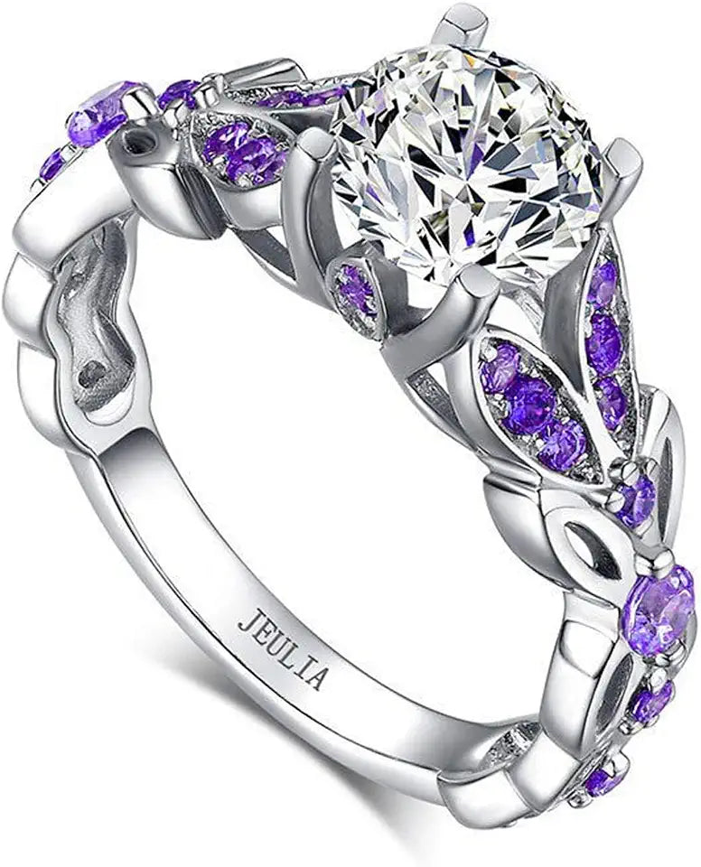 Sterling Silver Round Amethyst Butterfly Engagement Ring