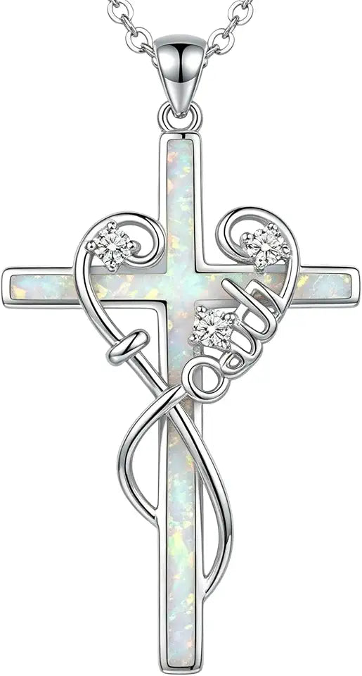 Sterling Silver Opal Cross Necklace