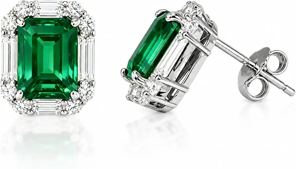 Sterling Silver Emerald-Cut Created Emerald Stud Halo Earrings