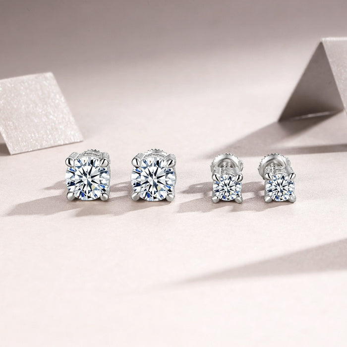 Sterling Silver Moissanite Stud Earrings – 0.5 ct or 2 ct, Screw Backs