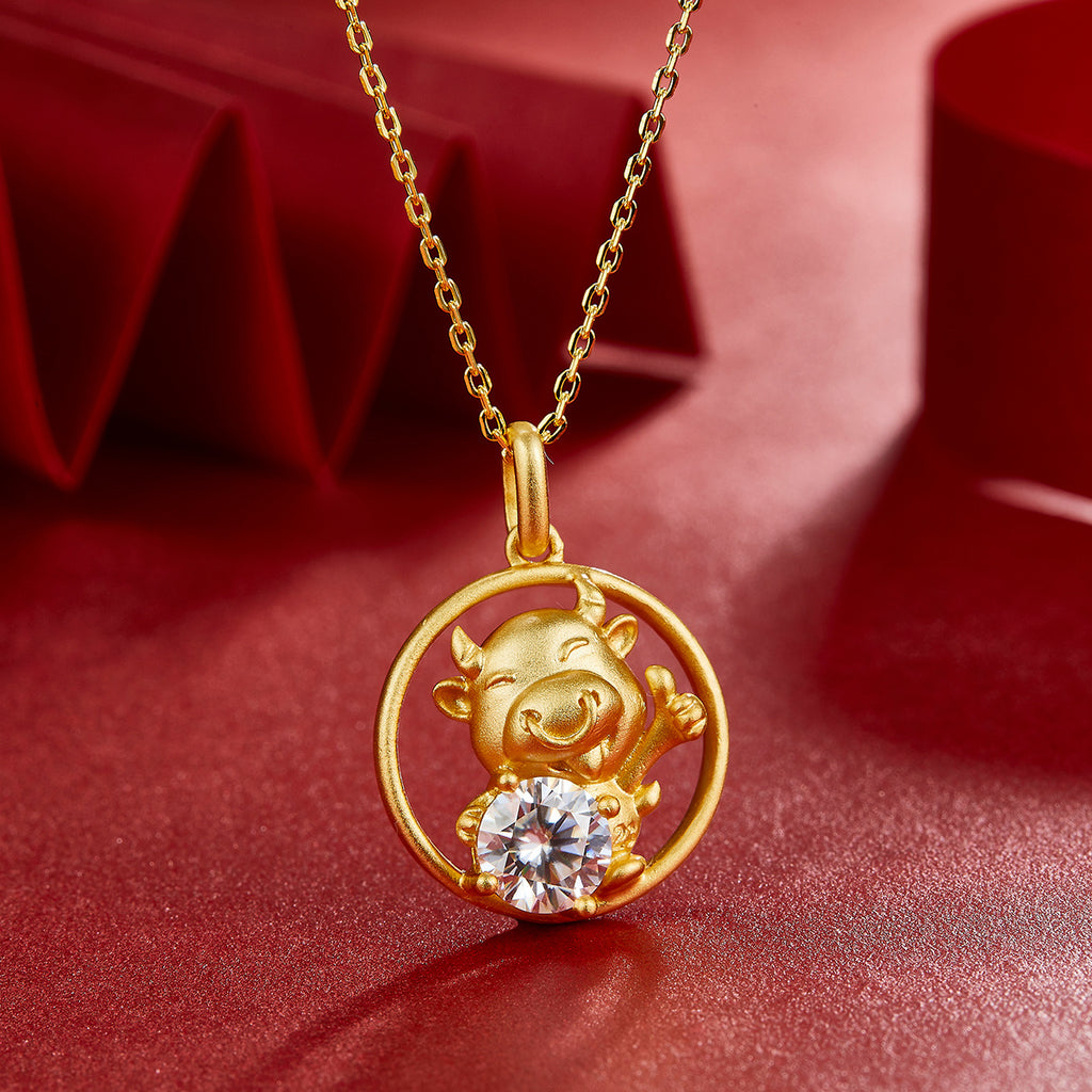 Sterling Silver Chinese Zodiac Ox Necklace With 1 ct Moissanite, D Color VVS1 — side view
