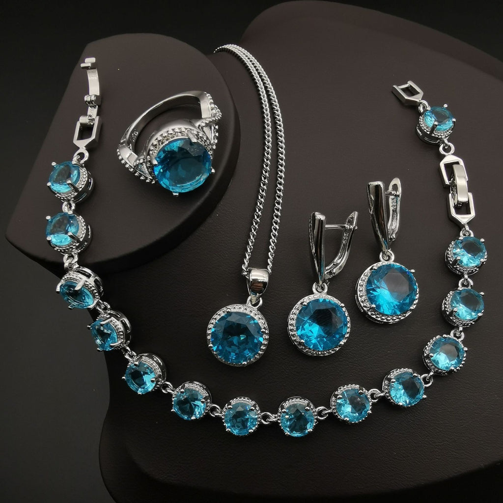 Round-Stone 4-Piece Jewelry Set in Green, Blue — side view